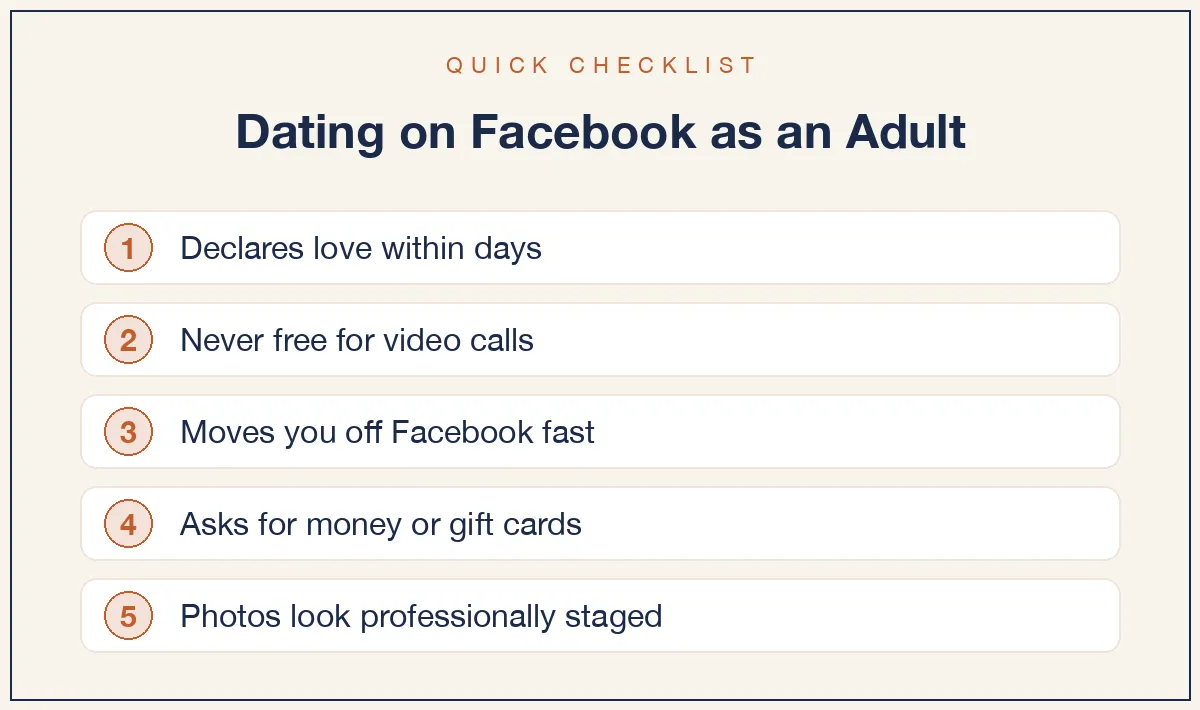 Quick checklist: Declares love within days; Never free for video calls; Moves you off Facebook fast; Asks for money or gift cards; Photos look professionally staged