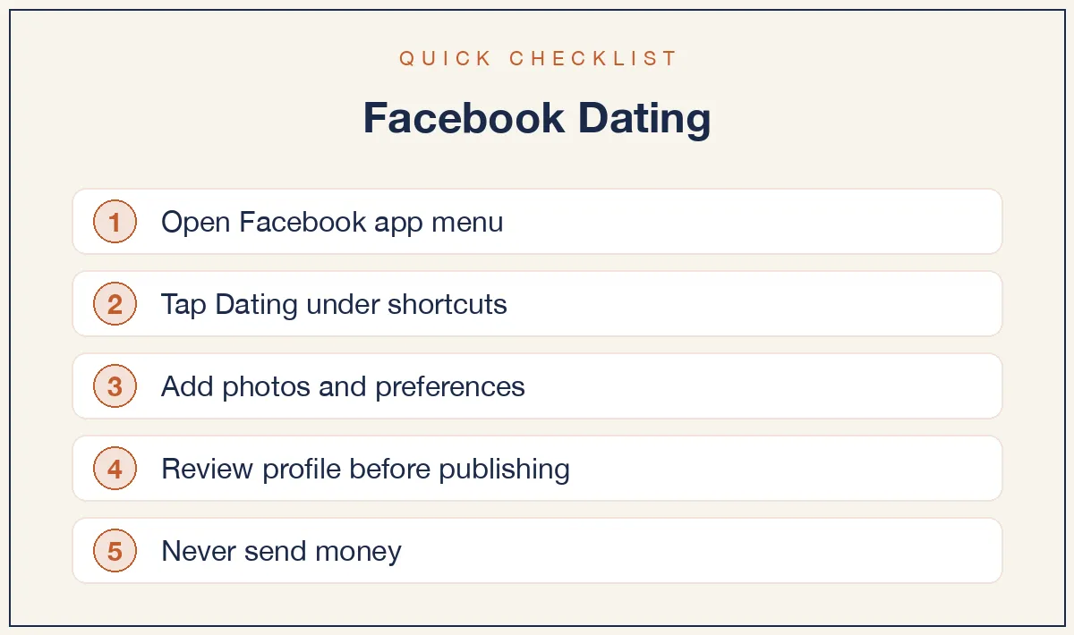 Quick checklist: Open Facebook app menu; Tap Dating under shortcuts; Add photos and preferences; Review profile before publishing; Never send money