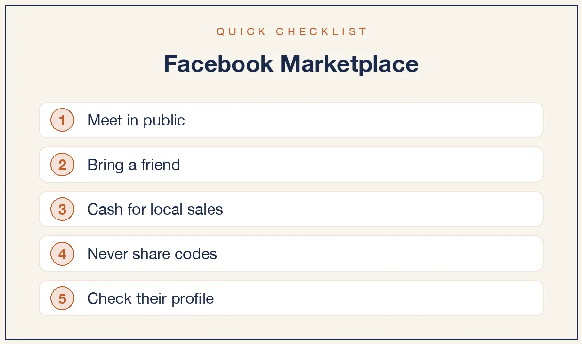 Quick checklist: Meet in public; Bring a friend; Cash for local sales; Never share codes; Check their profile