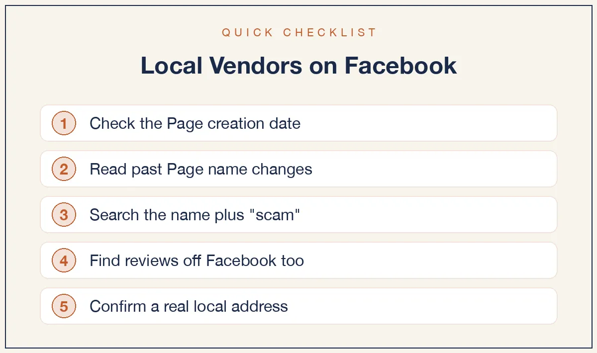 Quick checklist: Check the Page creation date; Read past Page name changes; Search the name plus